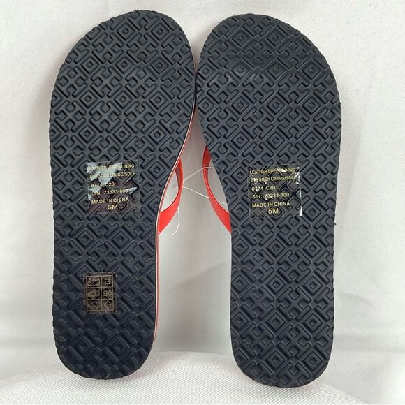 Tory Burch Minnie Flip Flops Sz 5 Logo Red Grenadine Thongs New Flat Sandals - Picture 7 of 8